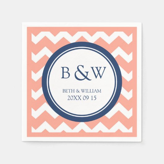 カスタムモノグラム結婚ズナプキンコーラルブルーシェブロン スタンダードカクテルナプキン (正面)