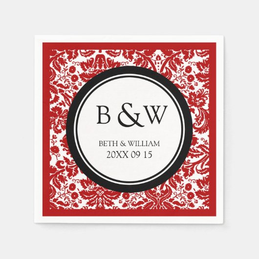 カスタムモノグラム結婚ズナプキンブラックレッドダマスク スタンダードカクテルナプキン (正面)