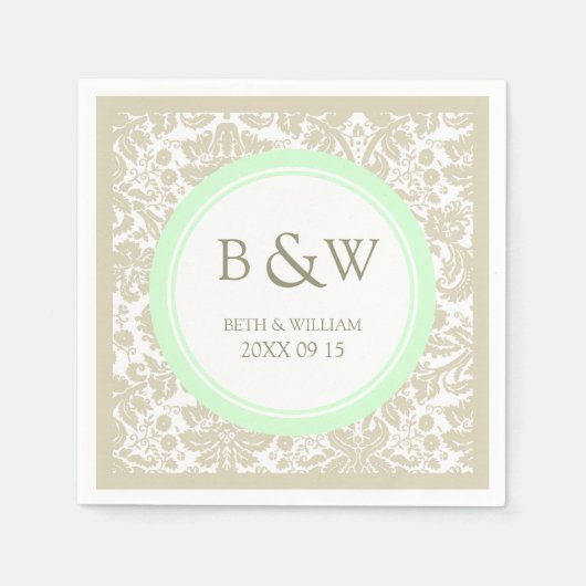 カスタムモノグラム結婚ズナプキンベージュミントダマスク スタンダードカクテルナプキン (正面)
