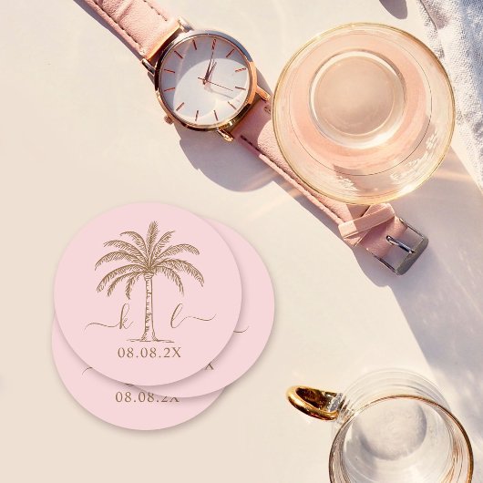 カスタムモノグラム結婚ロゴパームツリー ラウンドペーパーコースター