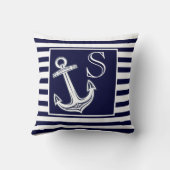 カスタムモノグラム航海のいかりネイビーブルーストライプ クッション (裏面)