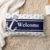 カスタムモノグラム航海のいかりネイビーブルーホワイト ランバークッション (ブランケット)