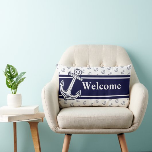 カスタムモノグラム航海のいかりネイビーブルーホワイト ランバークッション (椅子)