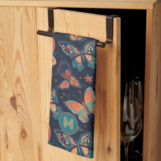 カスタムモノグラム蝶パターン キッチンタオル (三つ折り)