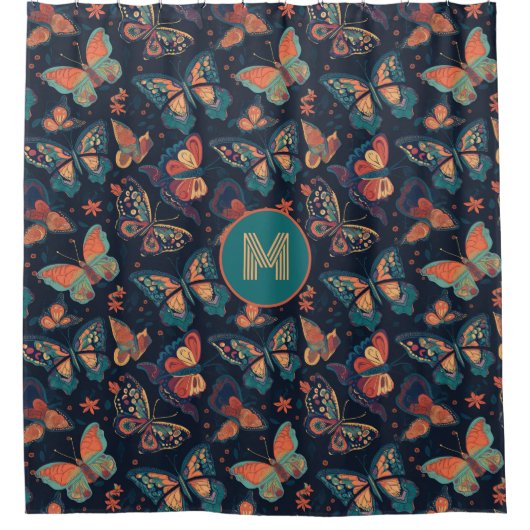 カスタムモノグラム蝶パターン シャワーカーテン (正面)
