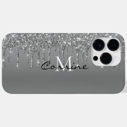 カスタムモノグラム銀グリッタードリップメタル Case-Mate iPhoneケース (裏面 (横))