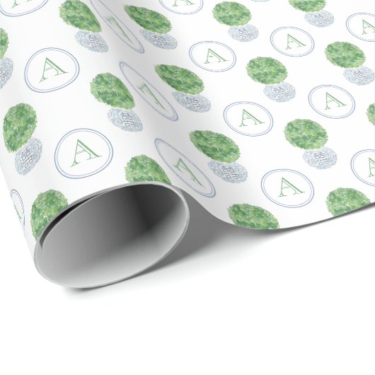 カスタムモノグラム青い緑のボク名門私立校風のウッド ラッピングペーパー (ロールコーナー)