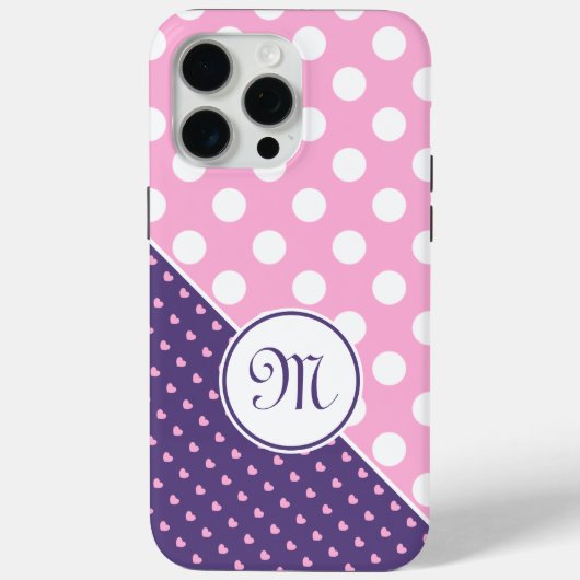 カスタムモノグラム、ピンク、紫、白水玉模様 Case-Mate iPhoneケース (裏面)