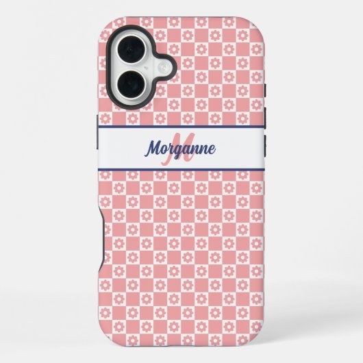 カスタムモノグラム 名前 ピンクの花 iPhoneケース (裏面)