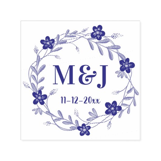 カスタムモノグラ結婚ム及びその日付フローラリース セルフインキングスタンプ (デザイン)