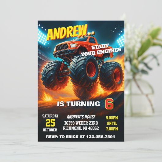 カスタムモンスタートラックカーバースデーパーティー 招待状 (スタンド正面)