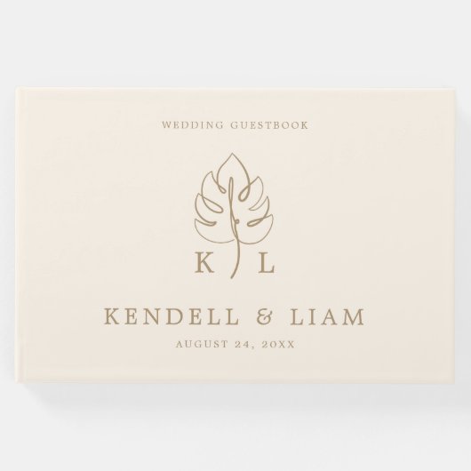 カスタムモンステラ結婚モノグラムのロゴ ゲストブック (正面)