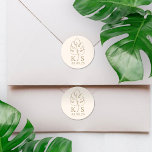 カスタムモンステラ結婚モノグラムのロゴ ラウンドシール<br><div class="desc">カスタムMonstera Monogramのロ結婚ゴのラウンドクラシックステッカー、日付を保存</div>