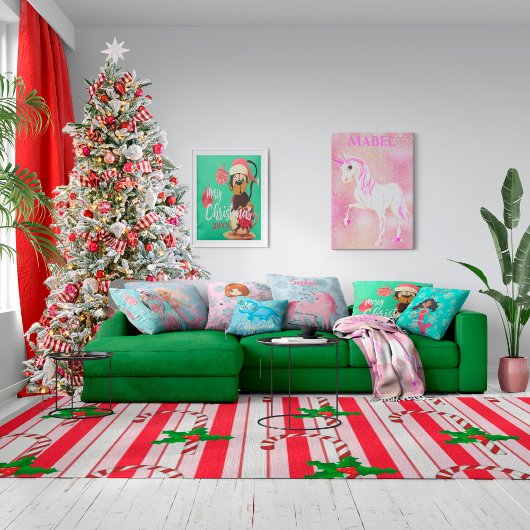 カスタムユニコーンピンクかわいい女の子クリスマススノーフレーク クッション