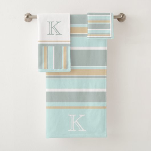 カスタムユニークシーホムグリーンホワイトタンストライプアート バスタオルセット (インサイチュ)
