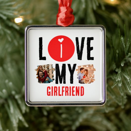 カスタムユニーク2枚の写真コラージュ私は彼女を愛する メタルオーナメント (ツリー)