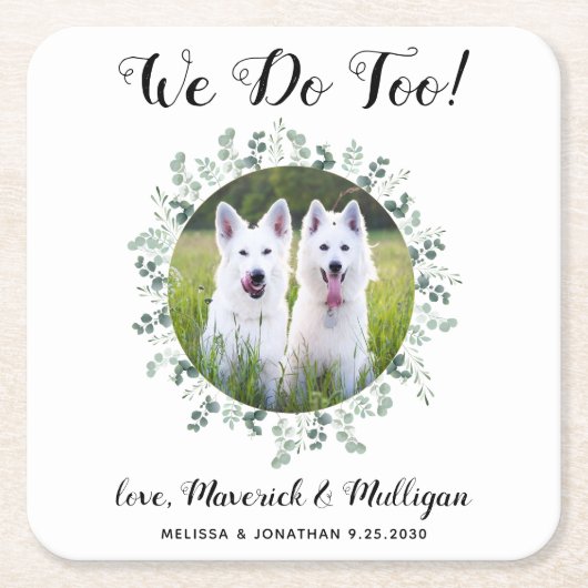 カスタムユーカリ犬の写真ペットの結婚 スクエアペーパーコースター (正面)