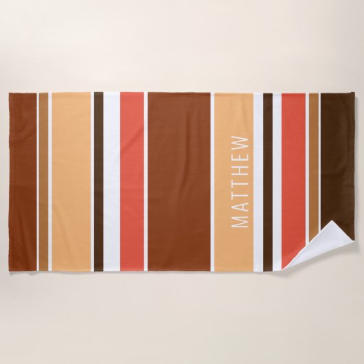 カスタムライトタンコーラルレッドダークブラウンストライプズ ビーチタオル (正面)