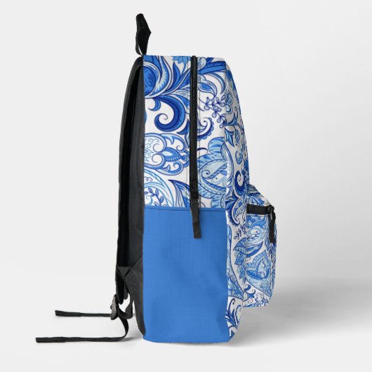 カスタムライトダークブルーホワイトフローラペイズリーアート プリントバックパック (左)