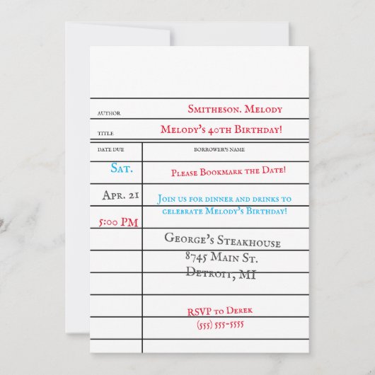 カスタムライブラリチェックアウトカード誕生日パーティー 招待状 (正面)