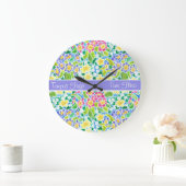 カスタムラウンドクロック、春プリムローズ、パウダーブルー ラージ壁時計 (ホーム)