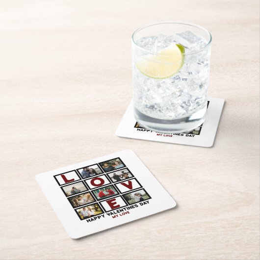 カスタムラブハッピーバレンタインデー8フォトコラージュ スクエアペーパーコースター (インサイチュ)