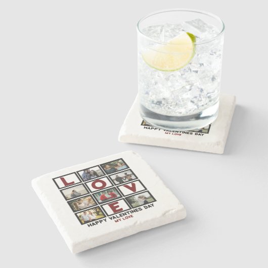 カスタムラブハッピーバレンタインデー8フォトコラージュ ストーンコースター (横)