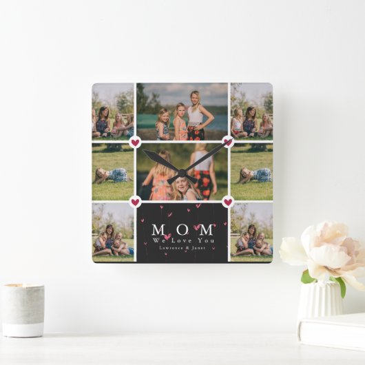 カスタムラブパーソナライズされたユーマム8フォトコラージュ スクエア壁時計 (ホーム)