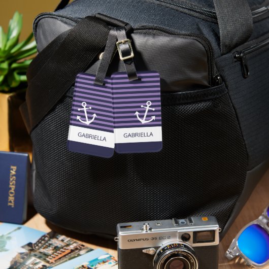 カスタムラベ航海のンダーパープルパタストライプのーン ラゲッジタグ (正面&裏面)