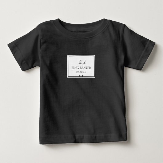 カスタムリングベアラー名 キュートな蝶ネクタイ 黒と白 ベビーTシャツ (正面)