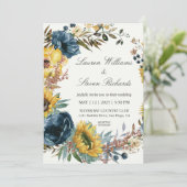 カスタムリース白ひまわりの花と青結婚色 招待状 (スタンド正面)