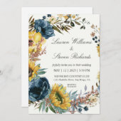 カスタムリース白ひまわりの花と青結婚色 招待状 (正面/裏面)