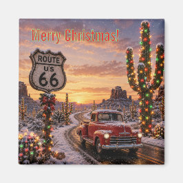カスタムルート66クリスマス赤いピックアップトラックサボテンイルミネーション マグネット