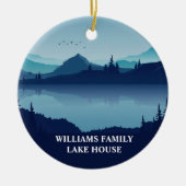 カスタムレイクハウスファミリーホームブルークリスマス セラミックオーナメント (正面)