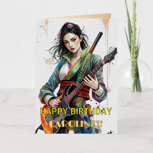 カスタムレインボー・ウォリアー・ガール・ギタリスト・アインスパイアート 箔グリーティングカード (正面)