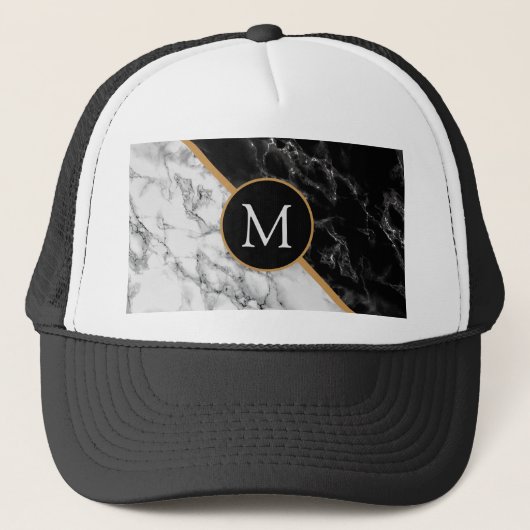 カスタムレタートラック車帽白黒大理石 キャップ (正面)