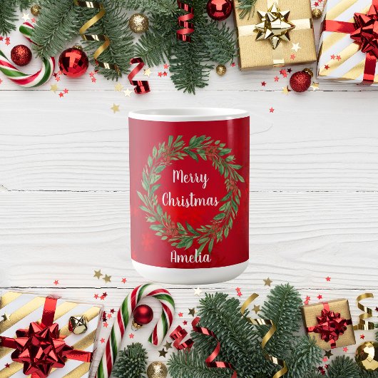 カスタムレッドクリスマスグリーンリース コーヒーマグカップ
