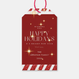 カスタムレッドストライプきらめくハッピーホリデー ギフトタグ