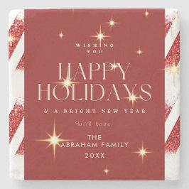 カスタムレッドストライプきらめくハッピーホリデー ストーンコースター