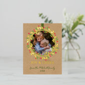 カスタムレッドベリーグリーン葉リース金ゴールド 箔シーズンポストカード (立ち正面)