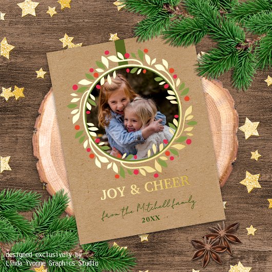 カスタムレッドベリーグリーン葉リース金ゴールド 箔シーズンポストカード