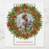 カスタムレッドホリーベリーグリーンパインニードルリース ワインラベル (シングルラベル)