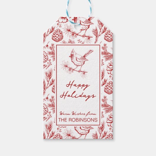 カスタムレッドホワイトウィンター（鳥）ショウジョウコウカンチョウハッピーホリデイズ ギフトタグ (正面)