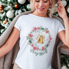 カスタムレッドポインセチア雪の結晶クリスマスリース Tシャツ
