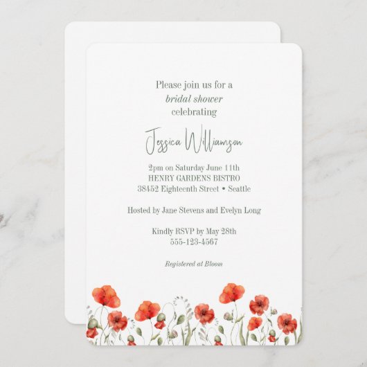 カスタムレッドポピーガーデンフローラシックブライダルシャワー 招待状 (正面/裏面)