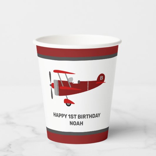 カスタムレッド飛行機誕生日紙カップ 紙コップ (正面)