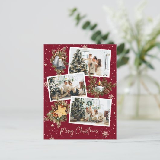 カスタムレッド3フォトコラージメリークリスマス ポストカード (スタンド正面)