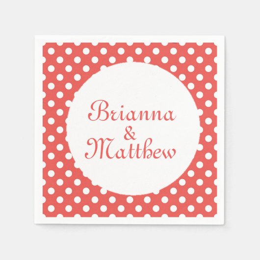 カスタムレッド&ホワイト水玉模様新郎新婦 スタンダードカクテルナプキン (正面)