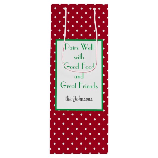 カスタムレッド&ホワイト点々のあるスイスパターン ワインギフトバッグ (正面)