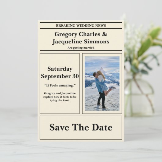 カスタムレトロの結婚新聞写真の日付を保存 招待状 (スタンド正面)